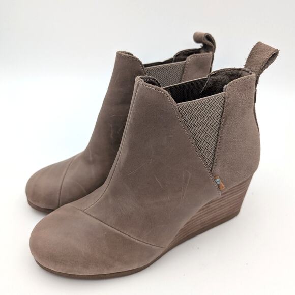 Toms Kelsey Suede Leather Wedge Ankle Boot Women's Taupe Grey Size US7 EU37.5 - Picture 1 of 12
